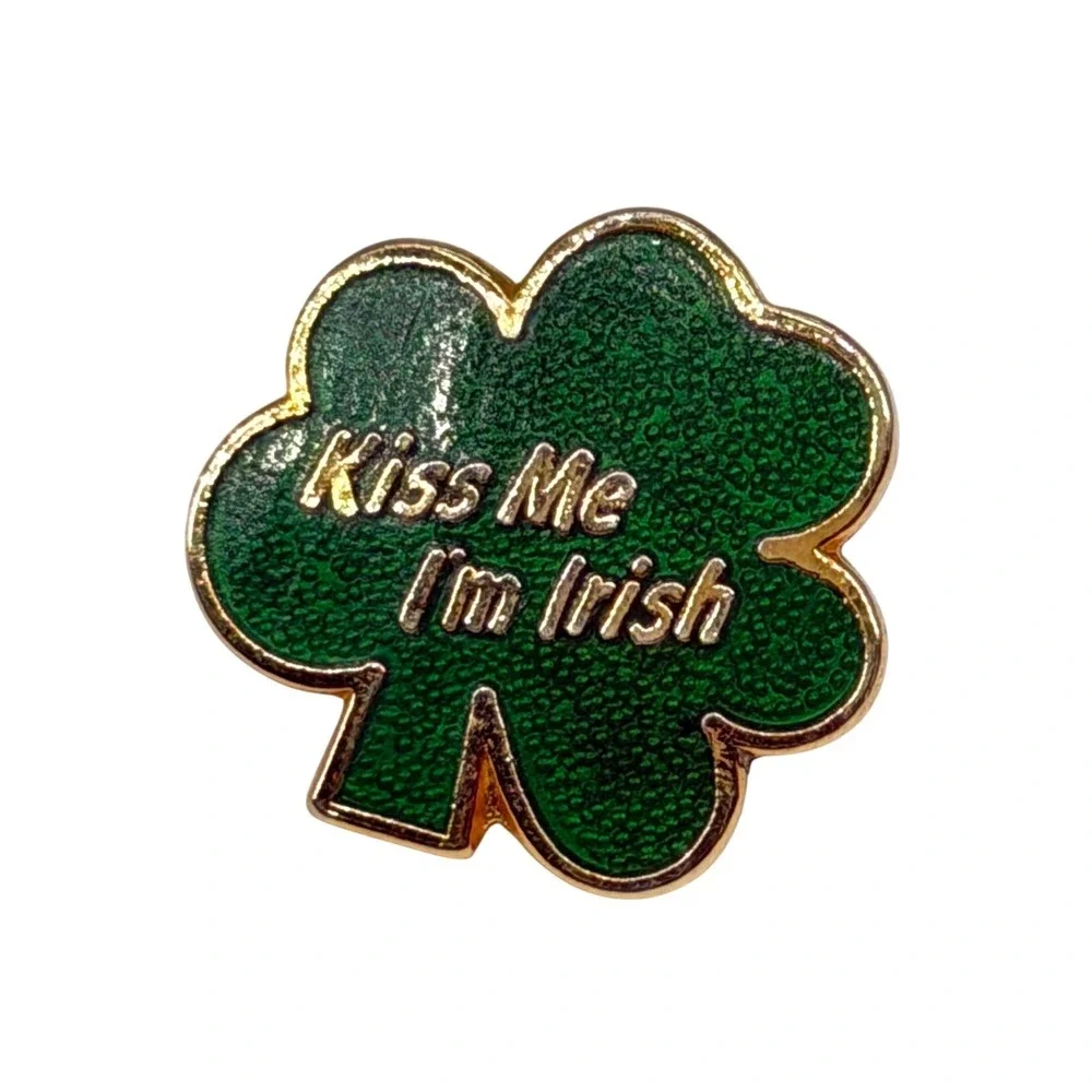 Kiss Me I'm Irish Shamrock Pin Green Enamel Gold Tone St Patricks Day Clover